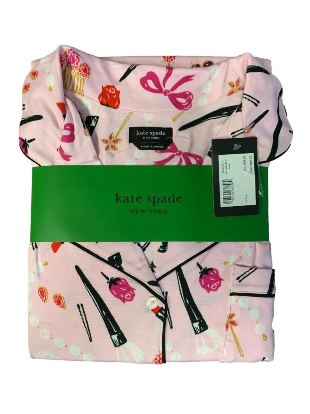 Kate Spade New York 2 Piece Notch Collar Pajama Set Pink Makeup Print Large